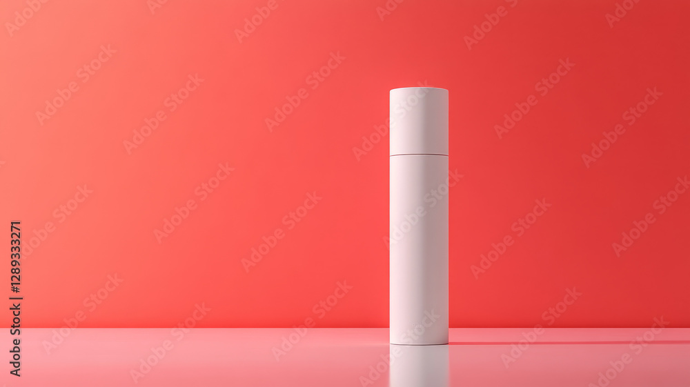 White cosmetic bottle on a red reflective surface. White cosmetic bottle on a red reflective surface.