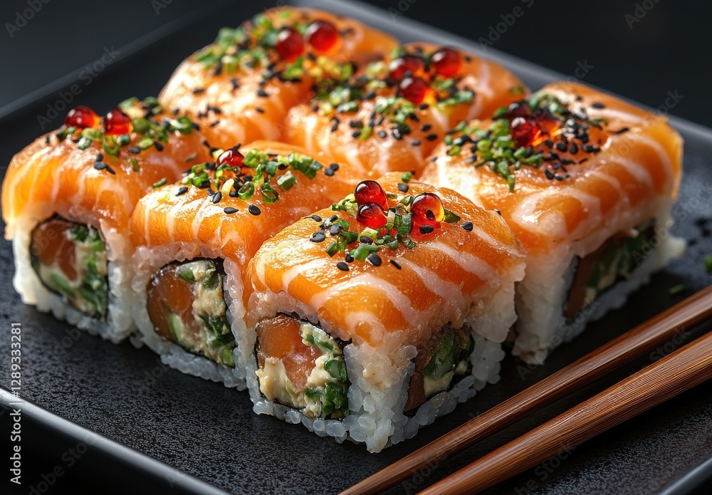 Deliciously Crafted Sushi Rolls with Salmon, Cream Cheese, and Fresh Vegetables Garnished with Spicy Toppings on a Dark Plate Deliciously Crafted Sushi Rolls with Salmon, Cream Cheese, and Fresh Vegetables Garnished with Spicy Toppings on a Dark Plate