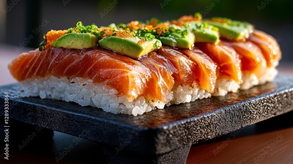 Delicious Salmon Sushi with Avocado and Soy Sauce on Rice. Generative AI Delicious Salmon Sushi with Avocado and Soy Sauce on Rice. Generative AI