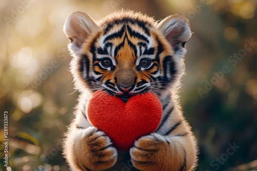 Cute tiger baby with critter toy red heart on in a natural habitat. Tiger - my treasured animal. Advertising animal creative. Valentineâ€™s greeting card with animals. Expressive wildlife love. photo