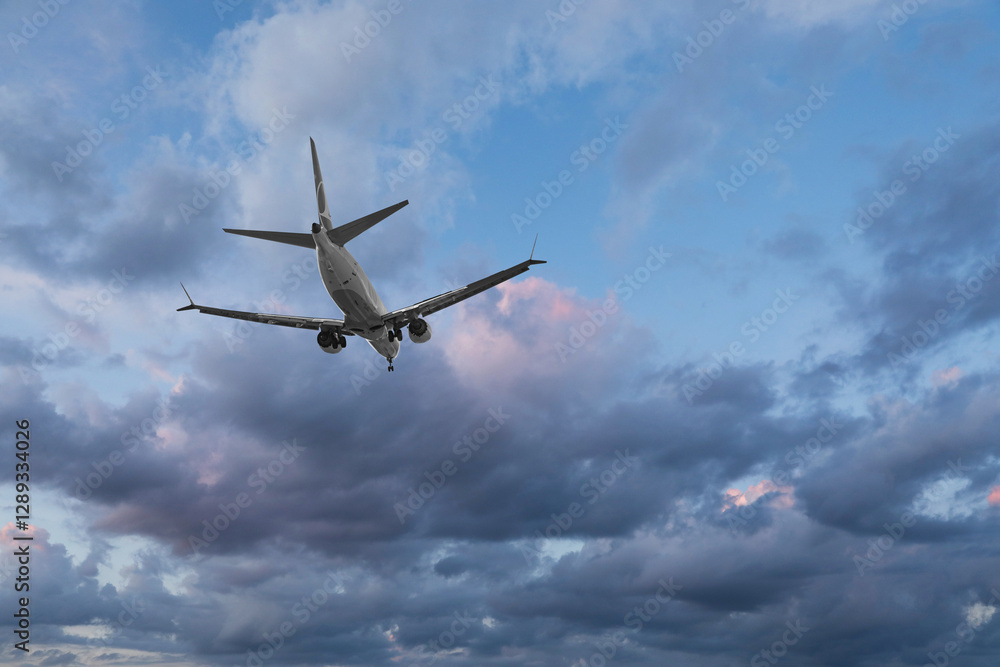 Fototapeta premium Airplane flying in beautiful blue sky with clouds