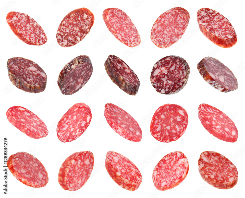 Slices of smoked sausages isolated on white, set Slices of smoked sausages isolated on white, set