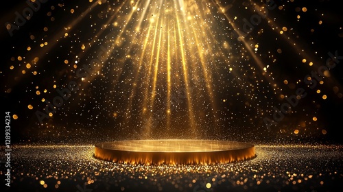 Sparkling Golden Podium with Glittering Lights and Dramatic Rays Award Ceremony Background