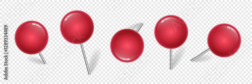 Realistic red push pin set with glossy round heads and metal needles. Thumbtack in different angles and positions. Perfect for maps, reminders, office designs. Pins isolated on transparent background