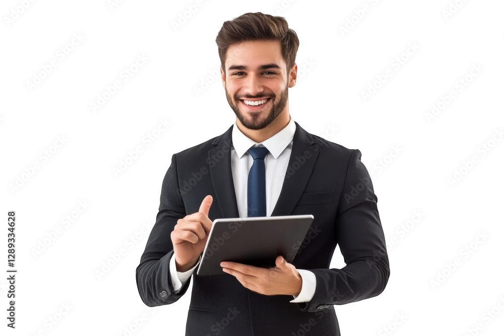 Confident businessman in suit holding tablet, isolated on transparent background
Confident businessman in suit holding tablet, isolated on transparent background