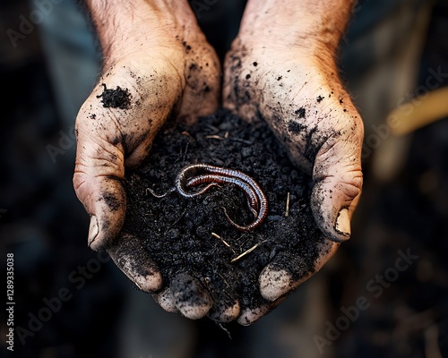 Hands holding earthworm, nature, dirt, outdoors, image photo