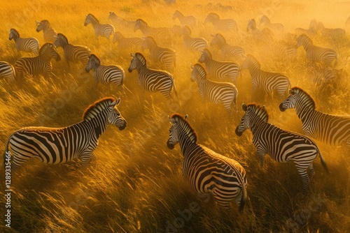 A herd of zebras gracefully moves through tall golden grass at sunset, bathed in warm light.