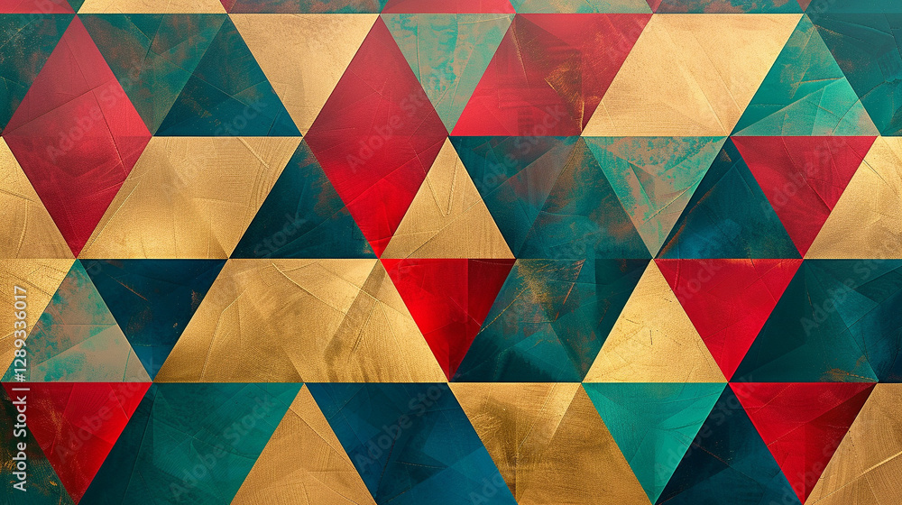 A geometric abstract layout featuring tessellated triangles in bold gradients of navy blue, gold, and emerald green.