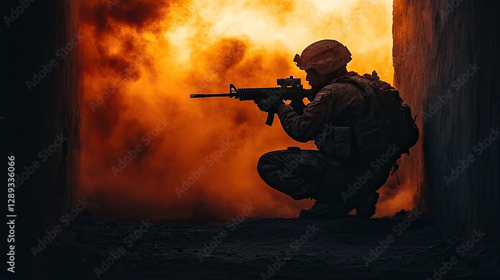 Silhouette of a soldier crouching with a rifle amidst a fiery explosion in an urban conflict zone Silhouette of a soldier crouching with a rifle amidst a fiery explosion in an urban conflict zone