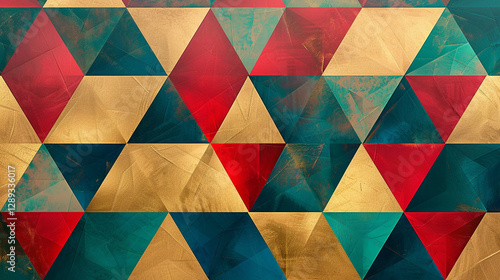 Obraz na płótnie A geometric abstract layout featuring tessellated triangles in bold gradients of navy blue, gold, and emerald green. w salonie