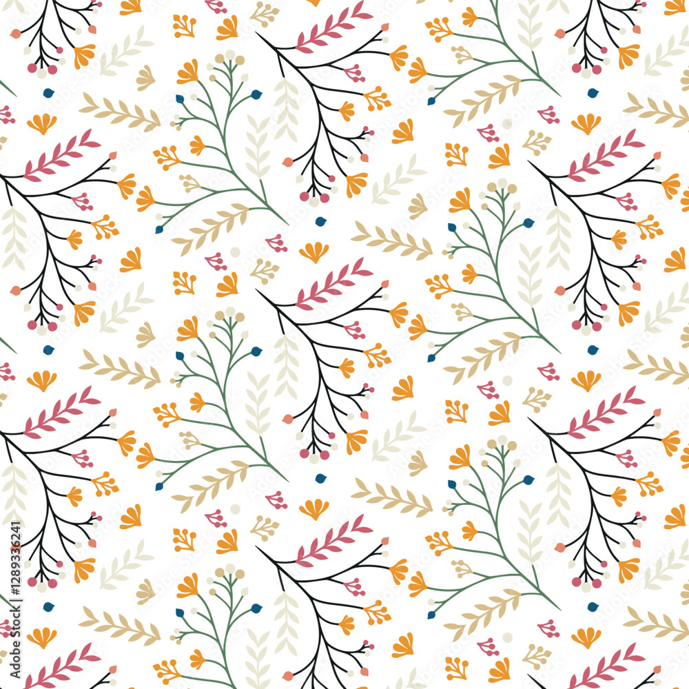 seamless floral pattern with delicate blossoms and ornamental leaves for wrapping paper and textile designs
seamless floral pattern with delicate blossoms and ornamental leaves for wrapping paper and textile designs