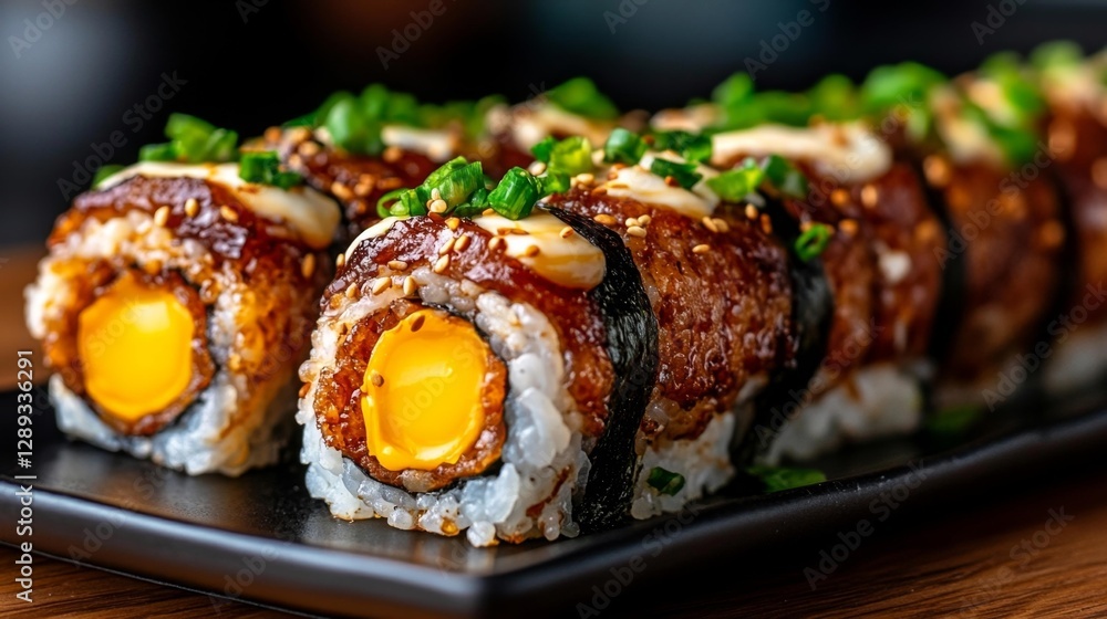 Close-up of sushi rolls with egg yolk and sesame seeds on a plate. Generative AI Close-up of sushi rolls with egg yolk and sesame seeds on a plate. Generative AI