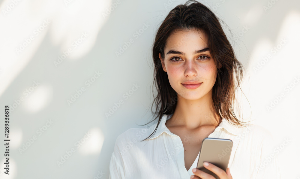 Captivating Portrait of a Young Woman Engaging with Technology in a Bright and Natural Setting, Emphasizing Modern Lifestyle and Genuine Expression Captivating Portrait of a Young Woman Engaging with Technology in a Bright and Natural Setting, Emphasizing Modern Lifestyle and Genuine Expression