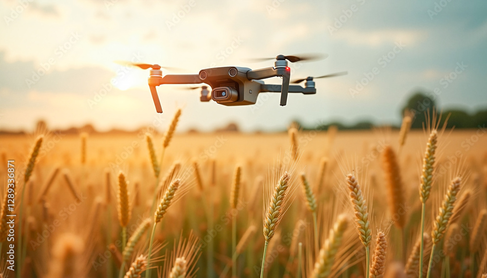 Drone flying over golden wheat field at sunset, monitoring crop health with precision technology and innovation in agriculture. Drone flying over golden wheat field at sunset, monitoring crop health with precision technology and innovation in agriculture.