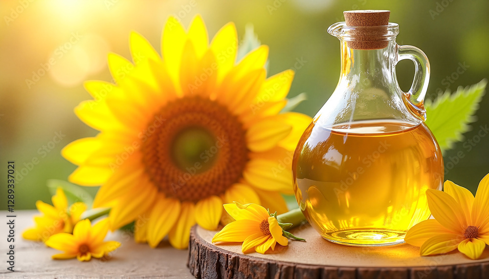 Glass bottle of golden sunflower oil surrounded by fresh sunflower petals on a wooden table, symbolizing purity and quality in edible oil branding. Glass bottle of golden sunflower oil surrounded by fresh sunflower petals on a wooden table, symbolizing purity and quality in edible oil branding.