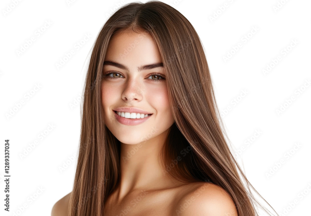 Portrait of a beautiful, smiling woman with long brunette hair, isolated on a transparent, cut-out background Portrait of a beautiful, smiling woman with long brunette hair, isolated on a transparent, cut-out background