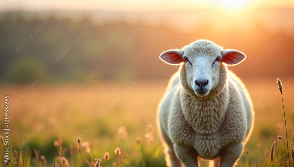 Obraz premium A single sheep standing in a sunlit farm field with textured wool, symbolizing quality livestock farming and sustainable agriculture.