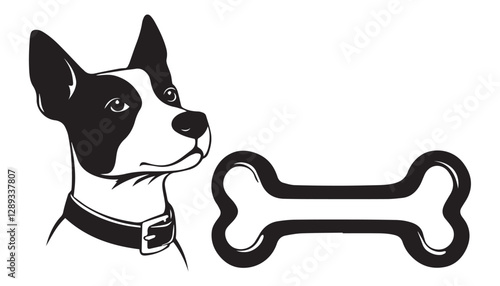 black and white dog head with a bone against a white background