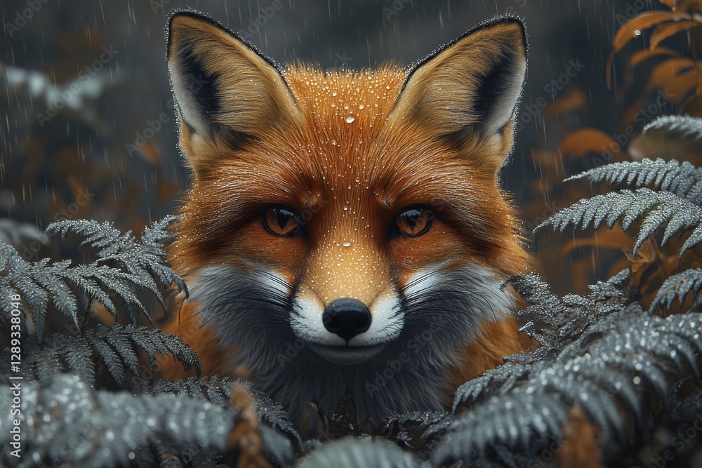 Fototapeta premium A curious fox peering out from behind a cluster of ferns in a forest during early morning mist, with dew drops glistening on the leaves