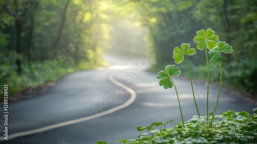 Festive green background featuring three-leaved shamrocks and a lucky Irish four-leaf clover, perfect for St. Patrick's Day holiday symbols and decorations. 