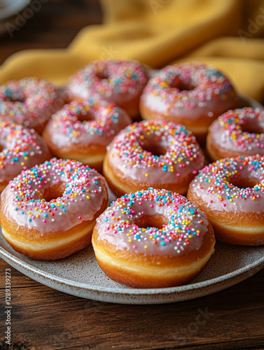 Wallpaper Mural Plate of pink frosted donuts with sprinkles on wooden table. Torontodigital.ca