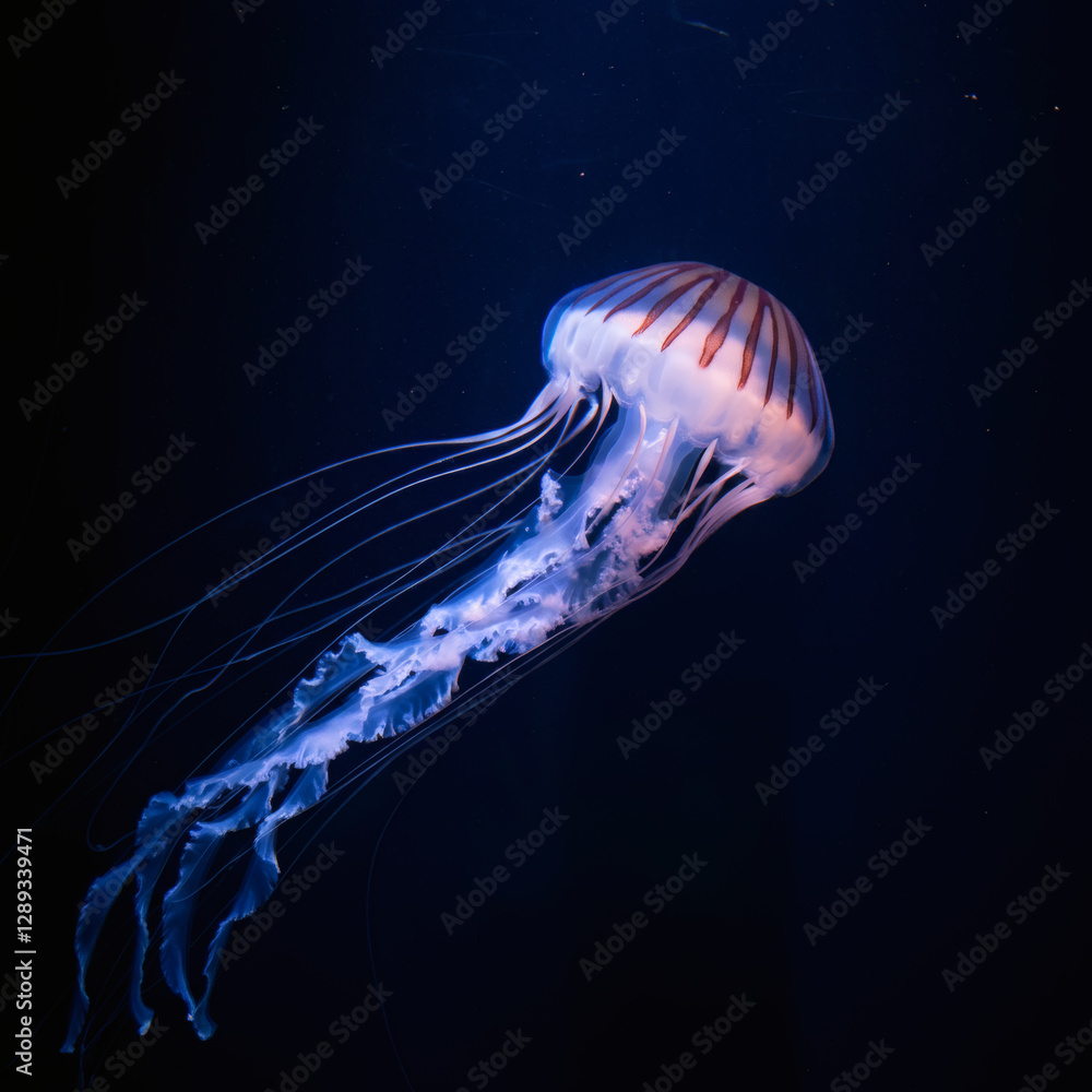 Obraz premium glowing bioluminescent jellyfish drifts through the deep blue ocean, illuminating the water with its ethereal presence.