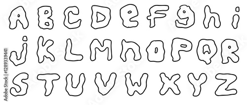 Ghost english latin abc alphabet font with digits and symbols A to Z collection. Vector illustration in doodle style isolated on white background. For logo, kids book, card, typography, menu.