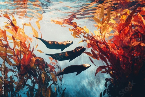 Three sea otters gracefully swim through a vibrant underwater kelp forest.