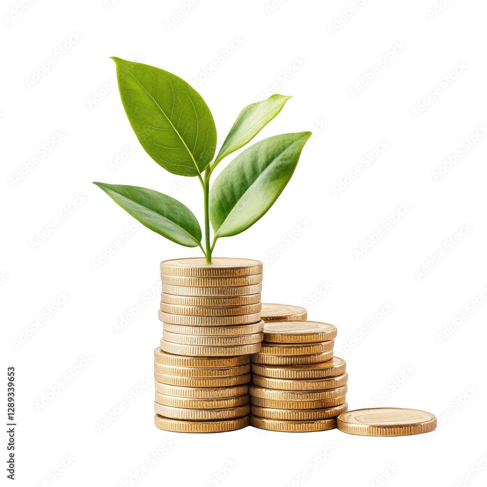 Pile of coins with a growing plant on top symbolizing financial growth isolated on transparent background
Pile of coins with a growing plant on top symbolizing financial growth isolated on transparent background