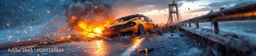 Burning car wreckage on a desolate storm-swept road after a catastrophic disaster. Generative AI