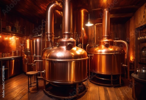 ethereal steam ascending from gleaming copper brewing kettle surrounded rustic brewing environment, boiling, heat, vapor, liquid, craft, distilling photo