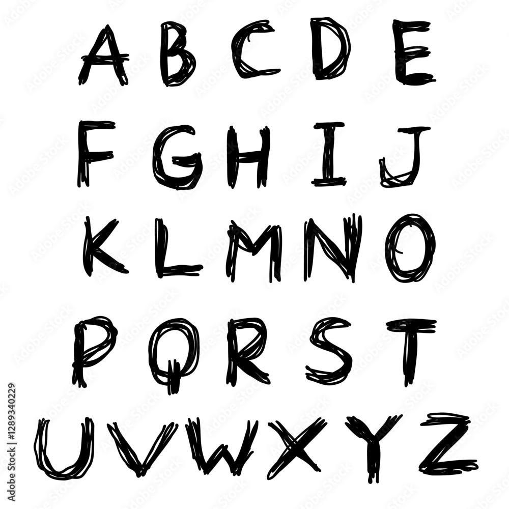 Scribble black english latin abc alphabet font with digits and symbols handwritten A to Z set. Vector illustration in doodle style isolated on white back. For logo, kids book, card, typography, menu. Scribble black english latin abc alphabet font with digits and symbols handwritten A to Z set. Vector illustration in doodle style isolated on white back. For logo, kids book, card, typography, menu.