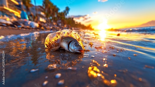 Dead fish and plastic waste on a polluted beach at sunset. Generative AI photo