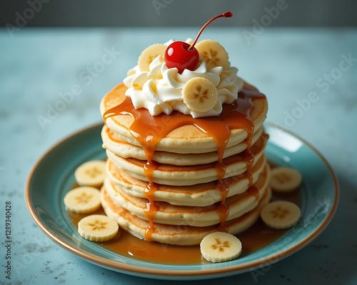 A stack of pancakes with chocolate and strawberries on a white plate with syrup and butter, perfect for a sweet breakfast or dessert photo