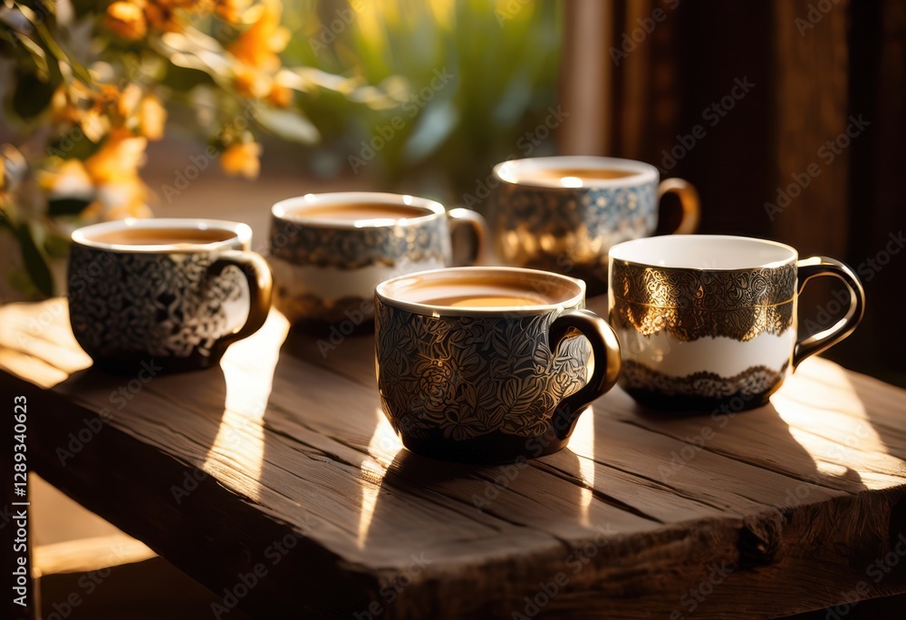 Fototapeta premium chic coffee pairings featuring elegant mugs cozy inviting morning experience, beverage, design, ceramic, latte, espresso, cappuccino, tableware, home, tea