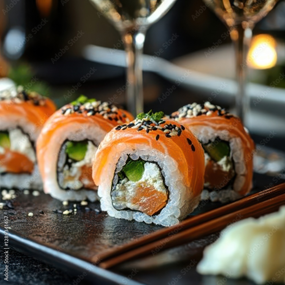 Elegant sushi platter featuring colorful rolls, delicate salmon, creamy avocado, and fresh ingredients served with chopsticks and wine glasses in a sophisticated setting Elegant sushi platter featuring colorful rolls, delicate salmon, creamy avocado, and fresh ingredients served with chopsticks and wine glasses in a sophisticated setting