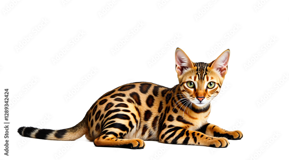 Obraz premium Alert Bengal cat sitting isolated on transparent background. Front view studio shot of a tan and black spotted feline with yellow eyes. Ideal for pet designs, animal illustrations.