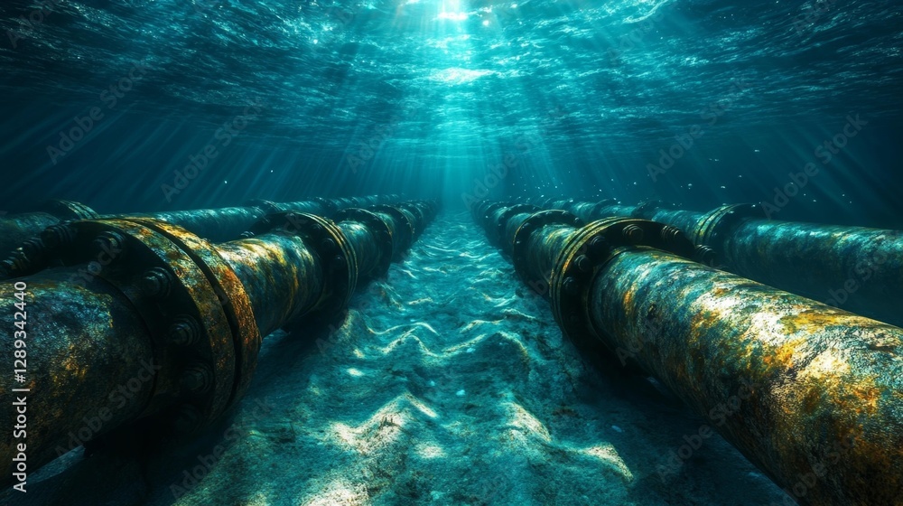 Underwater pipeline scene with rays of light. Generative AI