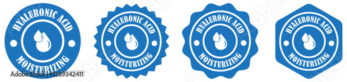 Hyaluronic acid product badge collection set on white background. Skincare seal for product packaging. Hydration logo badge vector design. Water droplet symbol for beauty brand. Vector illustration