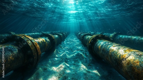 Underwater pipeline scene with rays of light. Generative AI