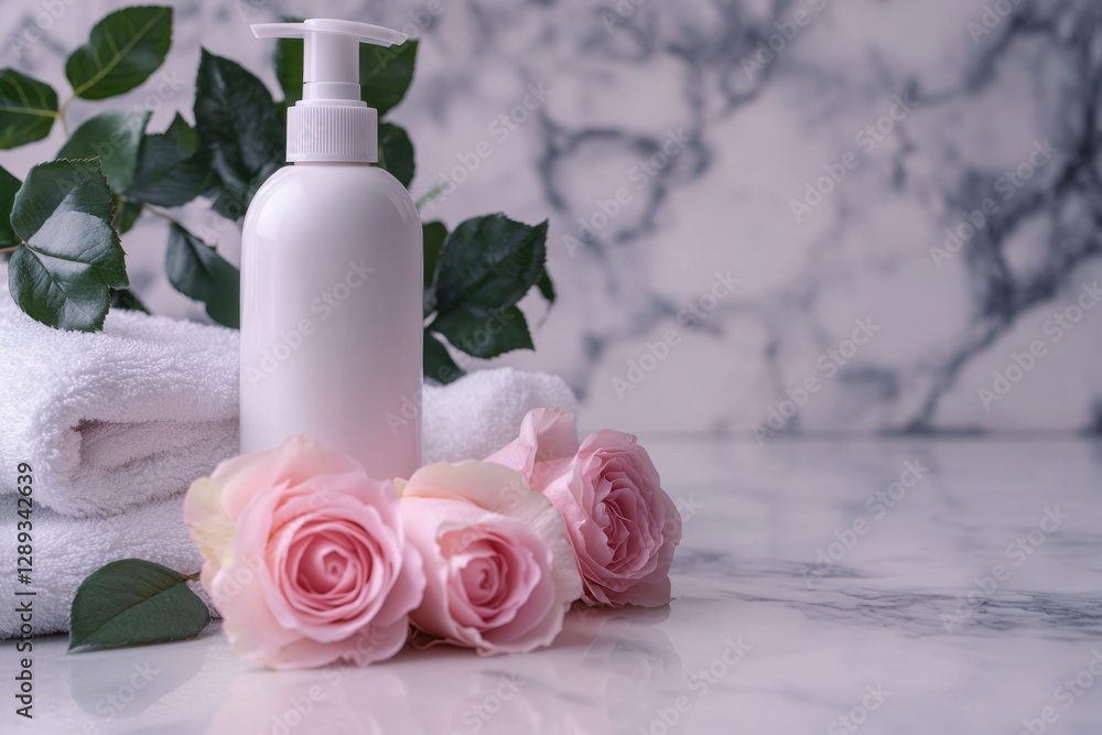 Spa essentials with white bottle, towels, and pink roses Spa essentials with white bottle, towels, and pink roses