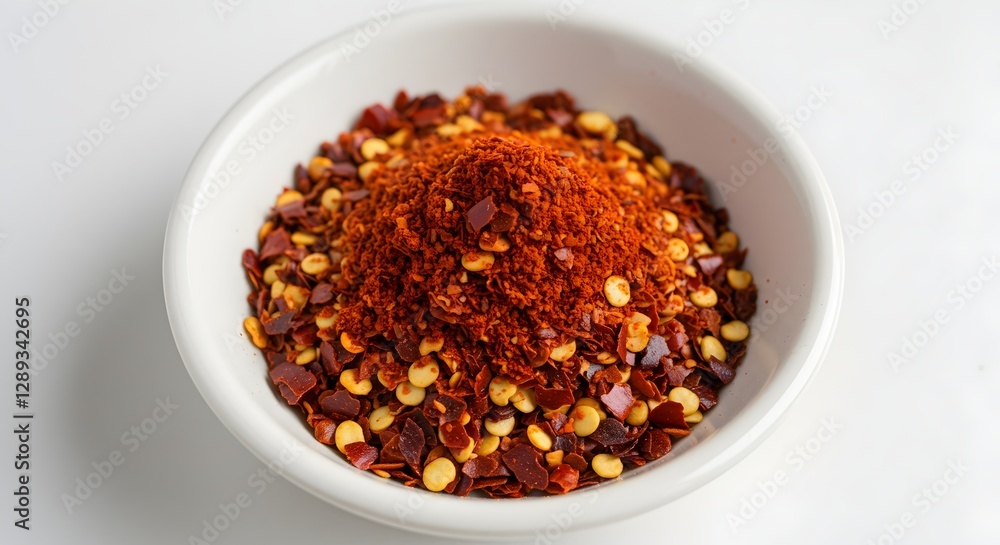 A bowl filled with crushed red pepper flakes and ground paprika is captured in a top-down view. The spicy seasoning stands out against the white background, highlighting its vibrant color.

