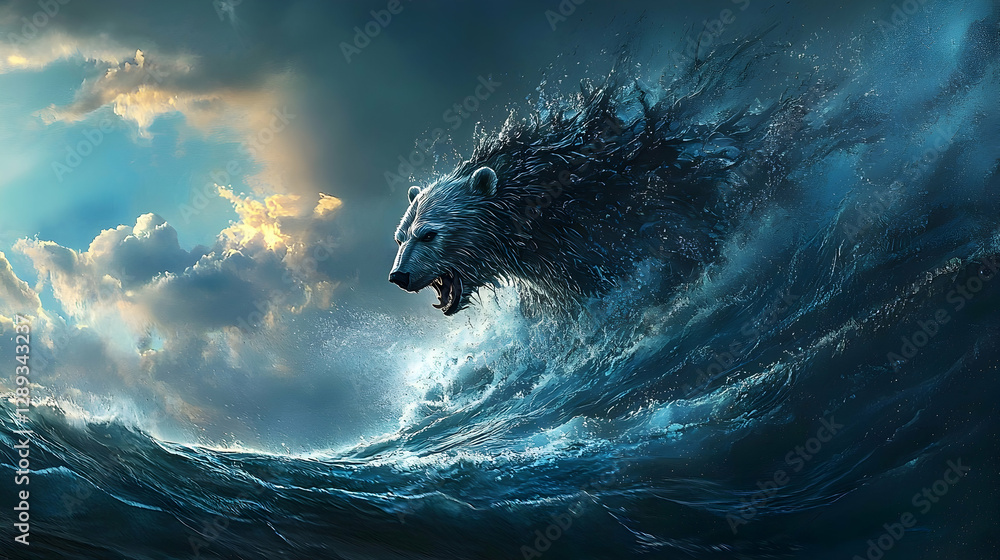 Obraz premium Polar bear emerging from ocean wave, dramatic sky, environmental impact illustration
