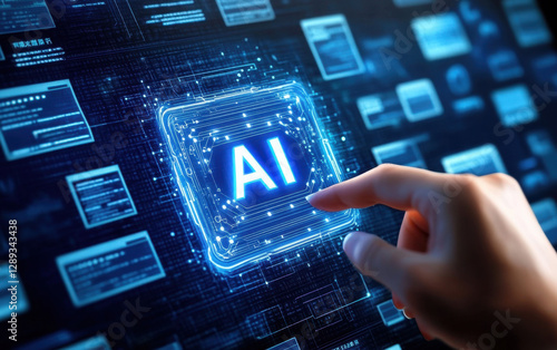 Generative AI artificial intelligence generate text document and abstract papers. Man touching AI icon on electronic circuit board.
