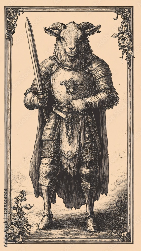 Fototapeta premium Artistic Depiction of a Armored Goat Knight with Sword