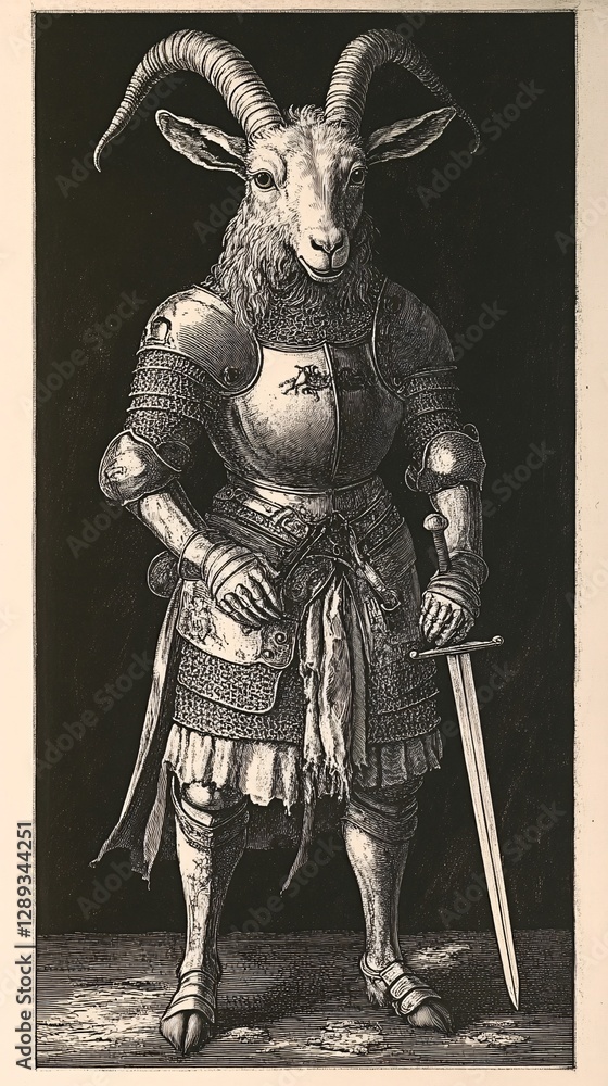 Fototapeta premium Intricate Medieval Woodcut Featuring a Knightly Goat