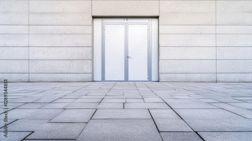 Fototapeta premium Minimalist architectural photography showcasing a modern gray wall with double doors and textured pavement, emphasizing industrial aesthetics