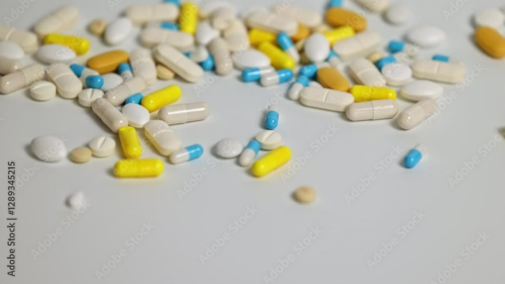 Colorful pills and capsules fall on a white table. Cost of Healthcare in Europe Colorful pills and capsules fall on a white table. Cost of Healthcare in Europe