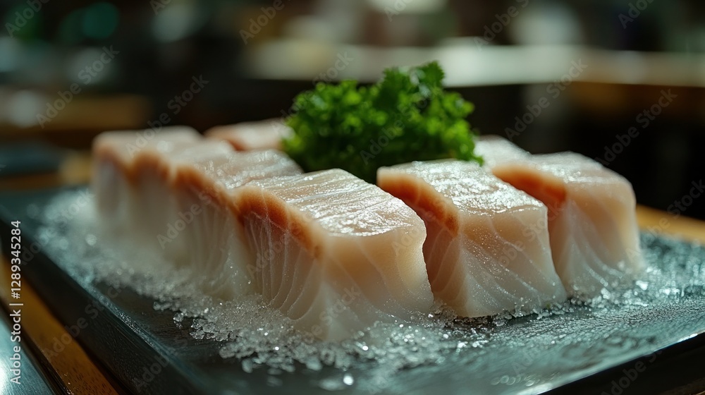 Restaurant sashimi, iced, fish, preparation, close-up, kitchen, background, menu