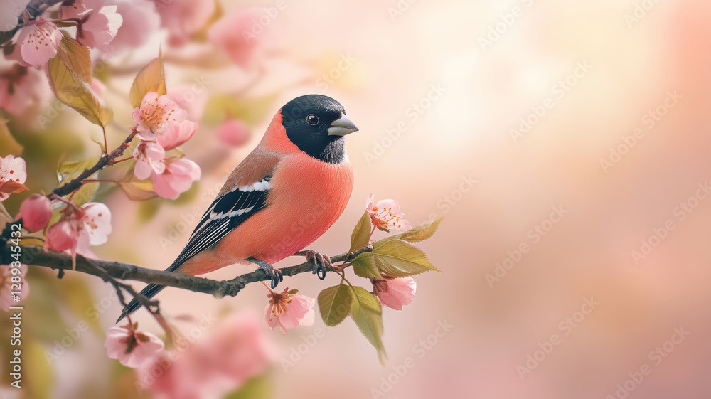 Fototapeta premium Beautiful eurasian bullfinch perched on a twig amidst delicate pink blossoms and vibrant green leaves, enjoying the serene springtime ambiance